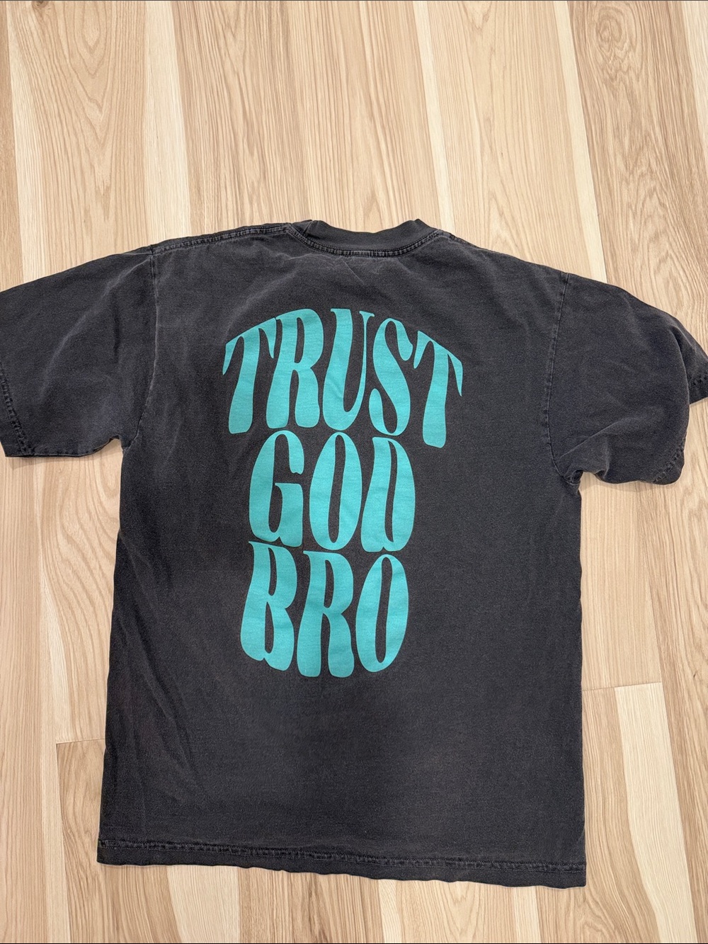 Black Tee with Teal "TRUST GOD BRO" Back Graphic size small